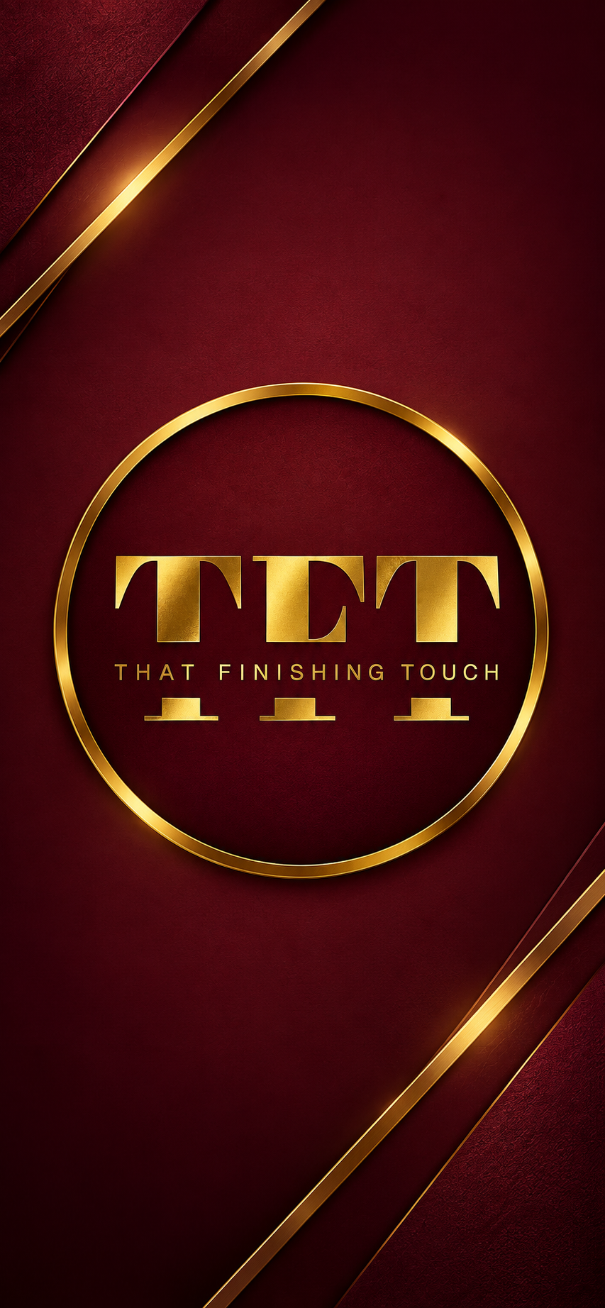 That Finishing Touch gold TFT emblem on a burgundy background